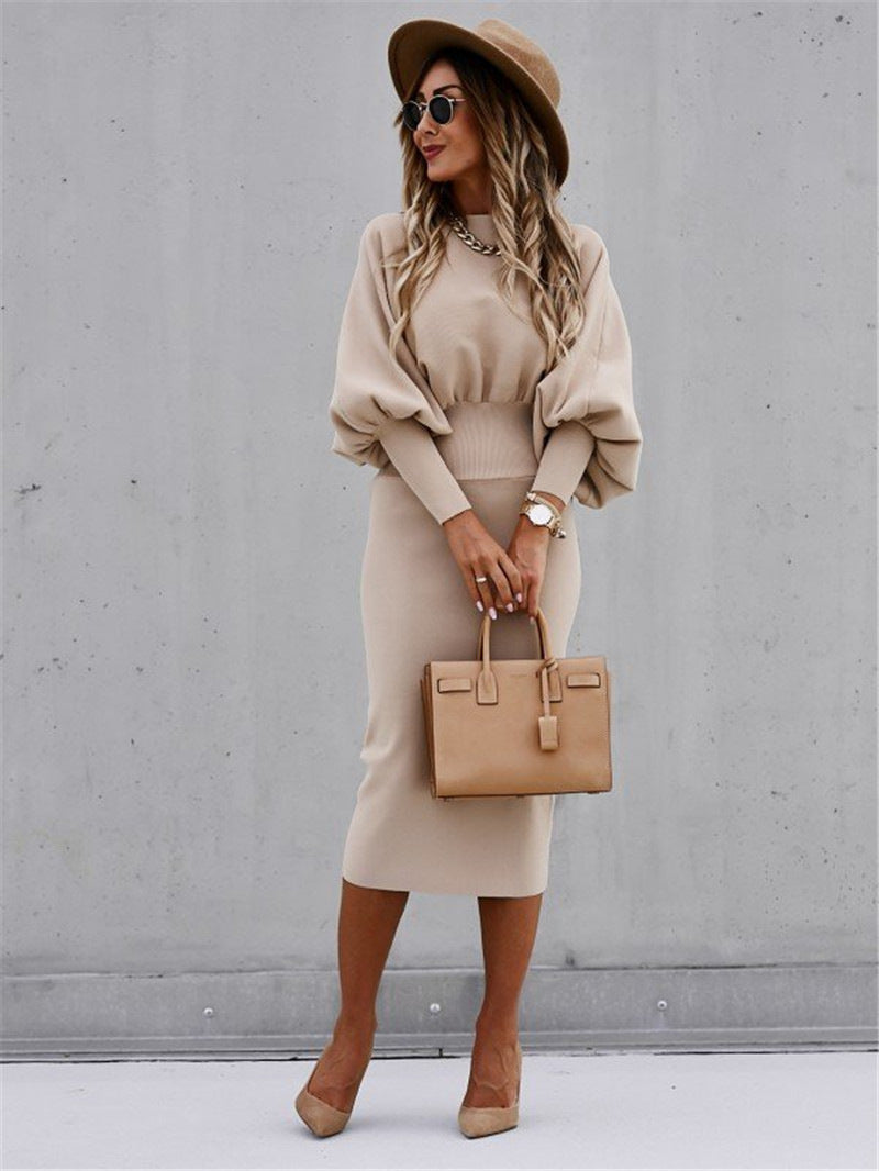 European & American Women's Solid Color Lantern Sleeve High Waist One-Step Skirt
