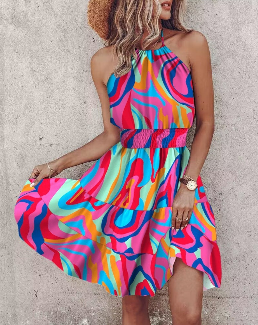Summer European & American Printed Halter Women's Dress