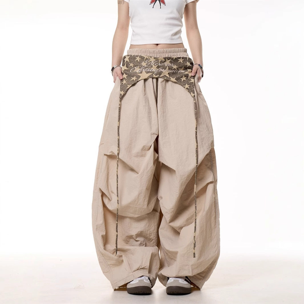Women’s Relaxed Casual High-Waist Layered Cargo Pants with Tie Details