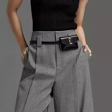 Silver Gray High Waist Wide-Leg Suit Pants for Women