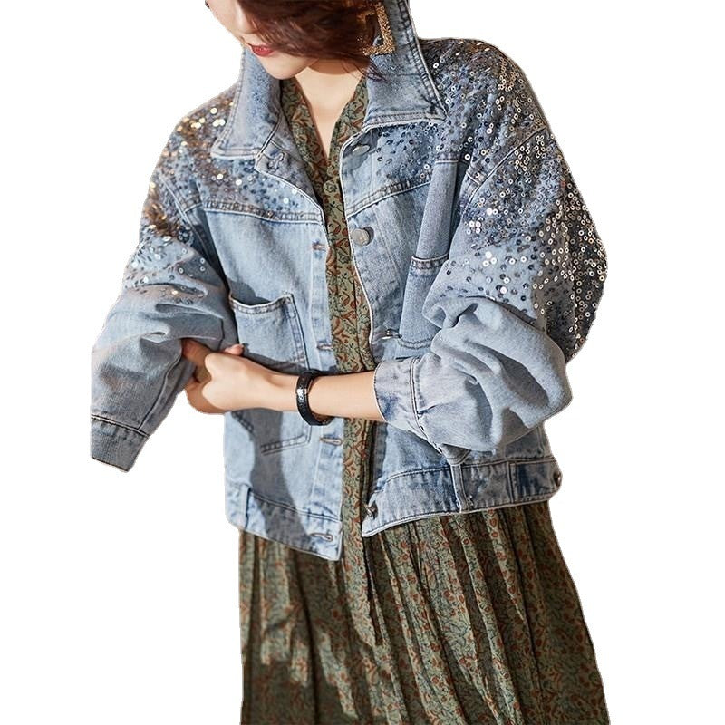 Women's Sequined Light Blue Denim Jacket Loose Fit Slim Cut