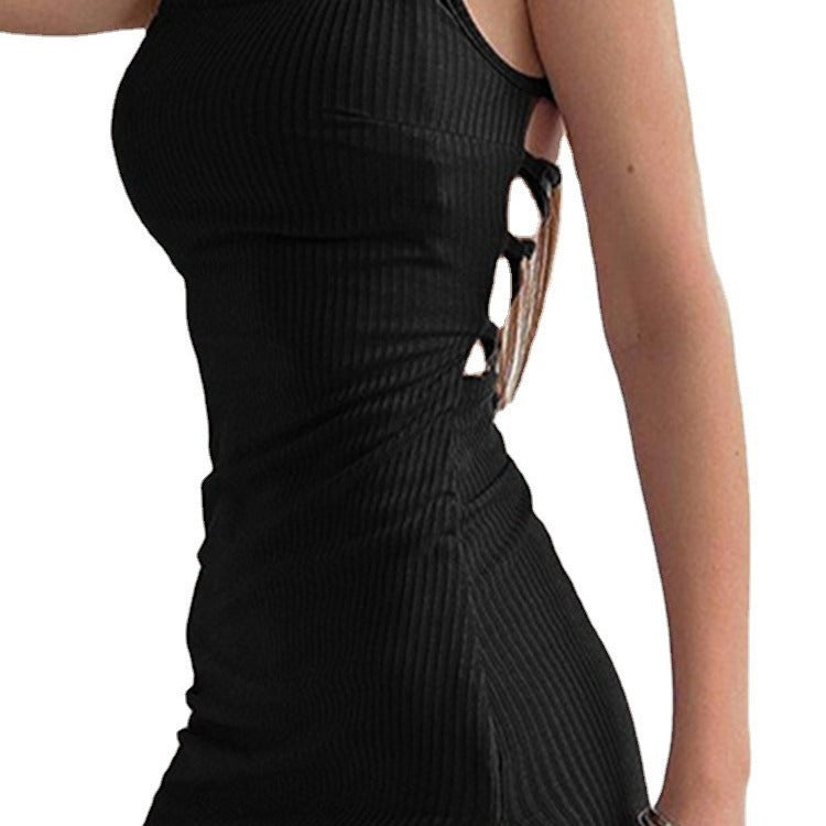 Robe longue noire fendue, style vacances, sexy, à lacets, bretelles fines