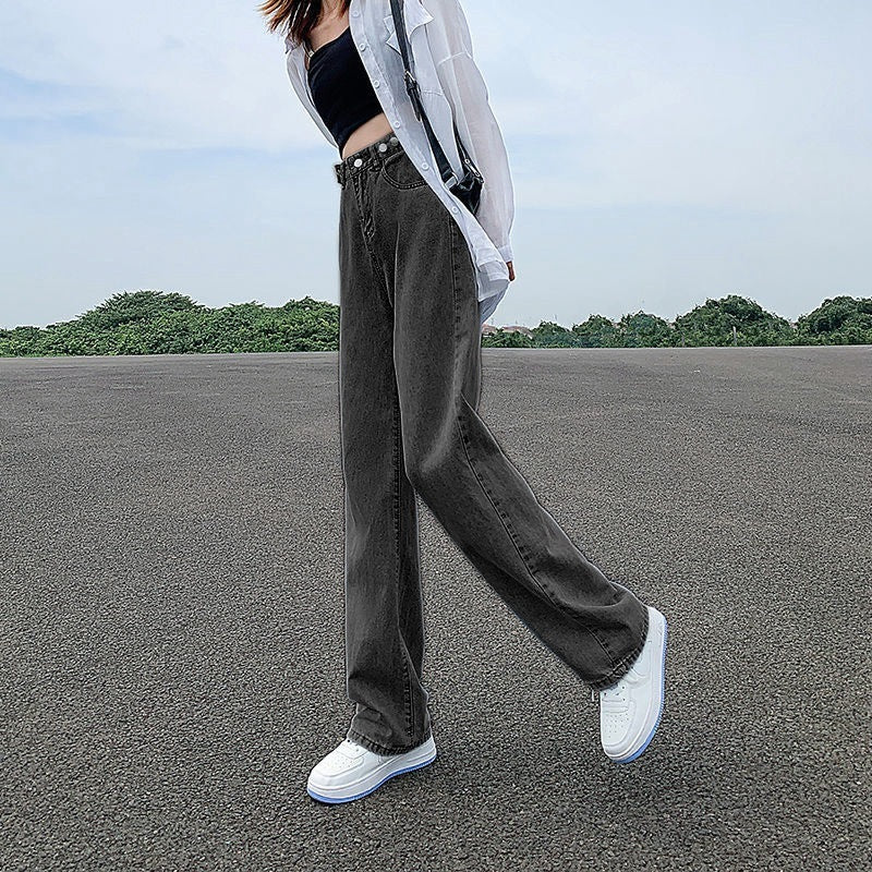 Women's Adjustable High Waist Straight Denim Jeans Loose Fit