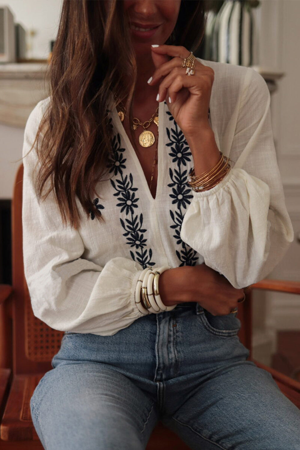 White Floral Embroidered V Neck Puff Sleeve Frilled Blouse