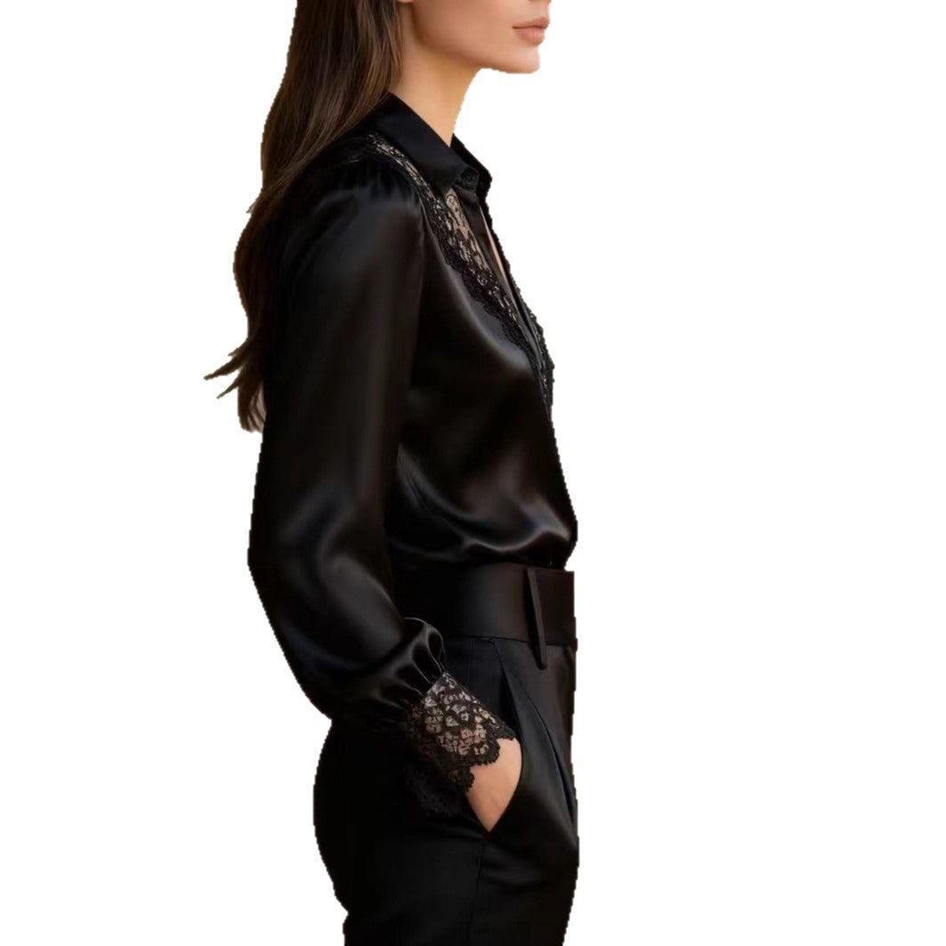 Women's Solid-Color Niche Lace V-Neck Puff-Sleeve Shirt