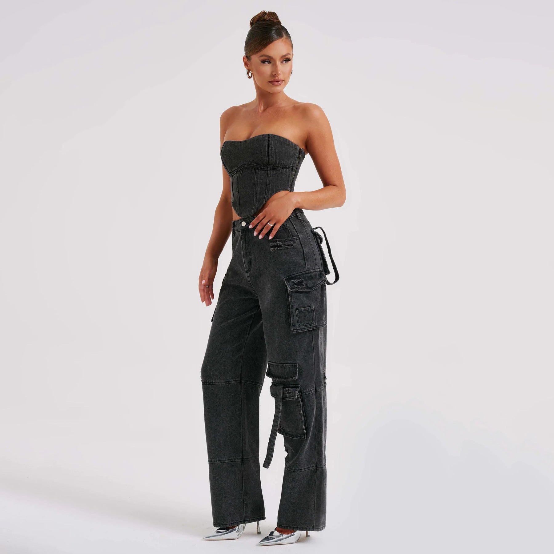 Jean taille basse ample pour femme avec poches et haut