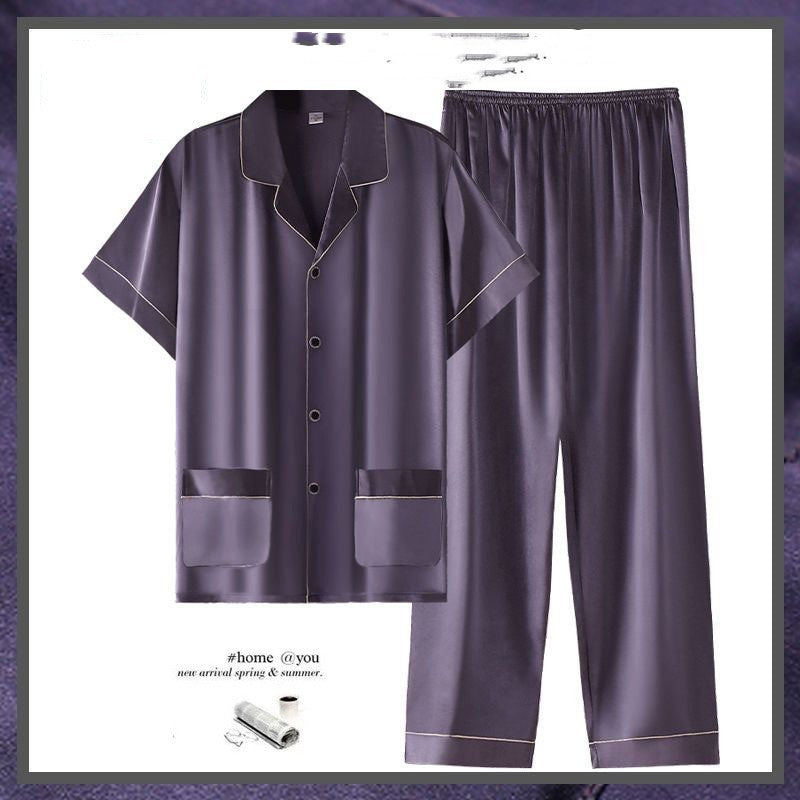 Men's Summer Thin Ice Silk Short Sleeve Homewear Suit with Trousers