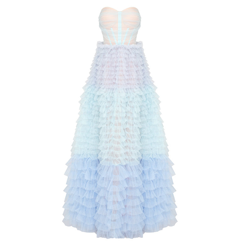 Light Blue Sleeveless Off-Neck Mesh Gradient Tube Dress