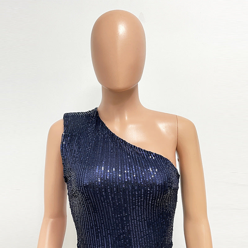 Sleeveless One-Shoulder High Waist Sequined Jumpsuit