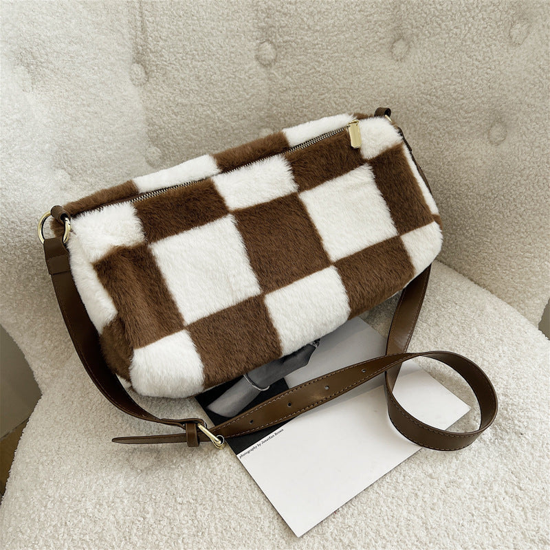 Ladies Winter New Plush Flower Check Bucket Bag