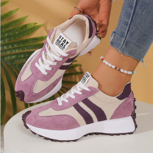 Women's Stripe Lace-Up Sneakers Breathable Thick Bottom Casual Sports Shoes