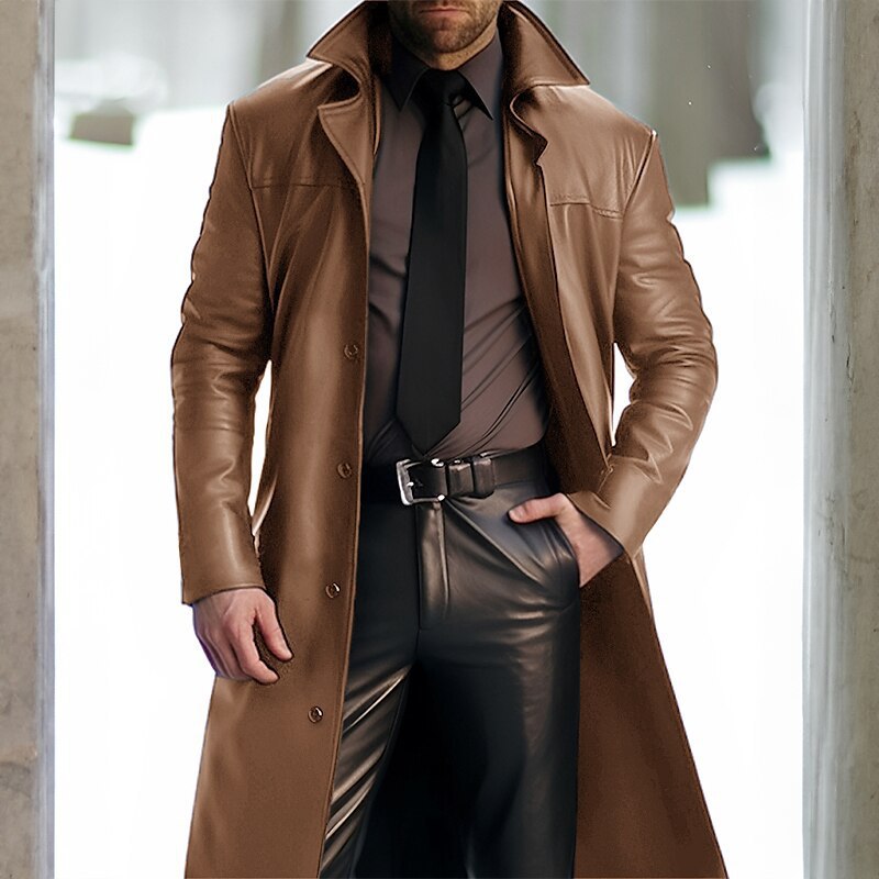Trench-coat mi-long en faux cuir bleu vintage pour homme coupe-vent d'hiver