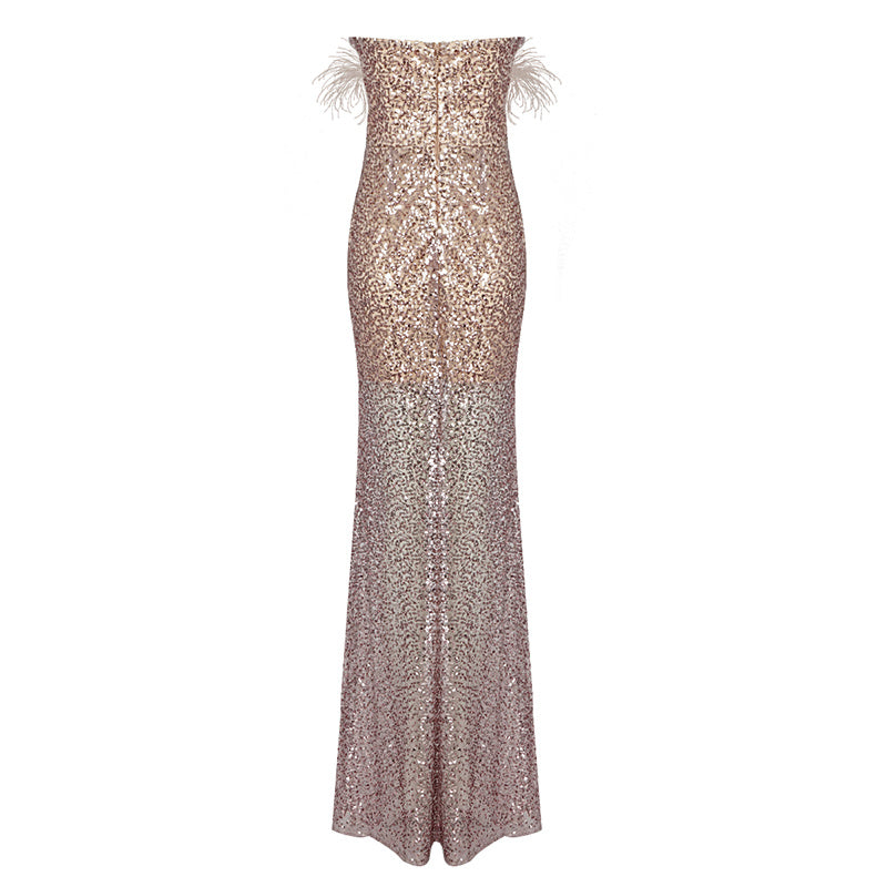 Champagne Beaded Sequined Cutout Mesh Strapless Dress