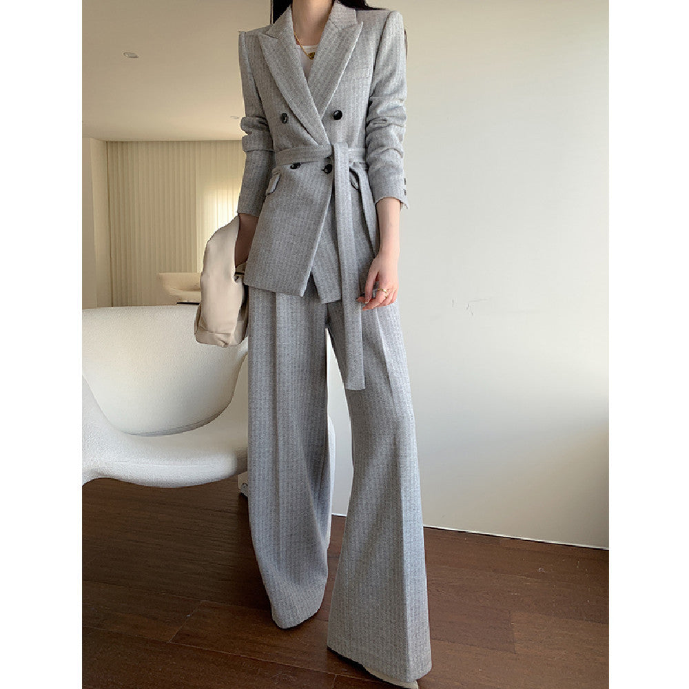 Women's Gray White Striped Wool Suit Coat with Wide Leg Trousers