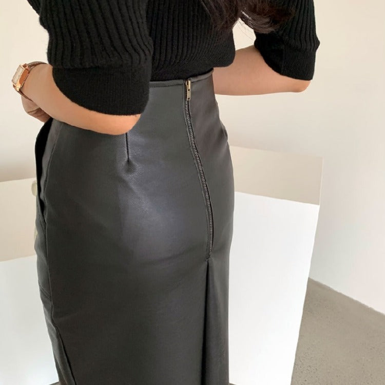 High Waist Mid-Length PU Leather Hip Skirt with Side Split