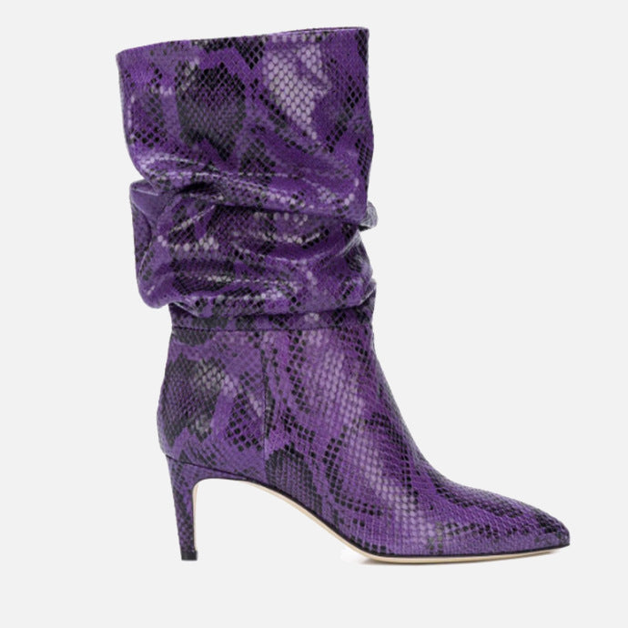 Bottes mi-hautes à talon aiguille et bout pointu pour femmes, imprimé serpent argenté et violet
