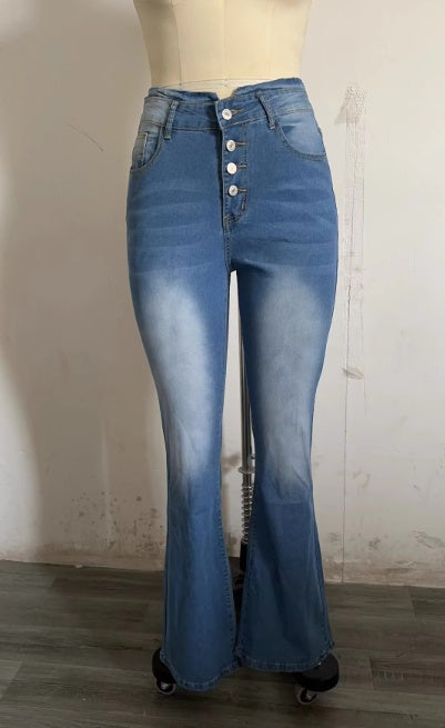 Pantalon en Jean Évasé Taille Haute Femme, Style Urbain Délavé