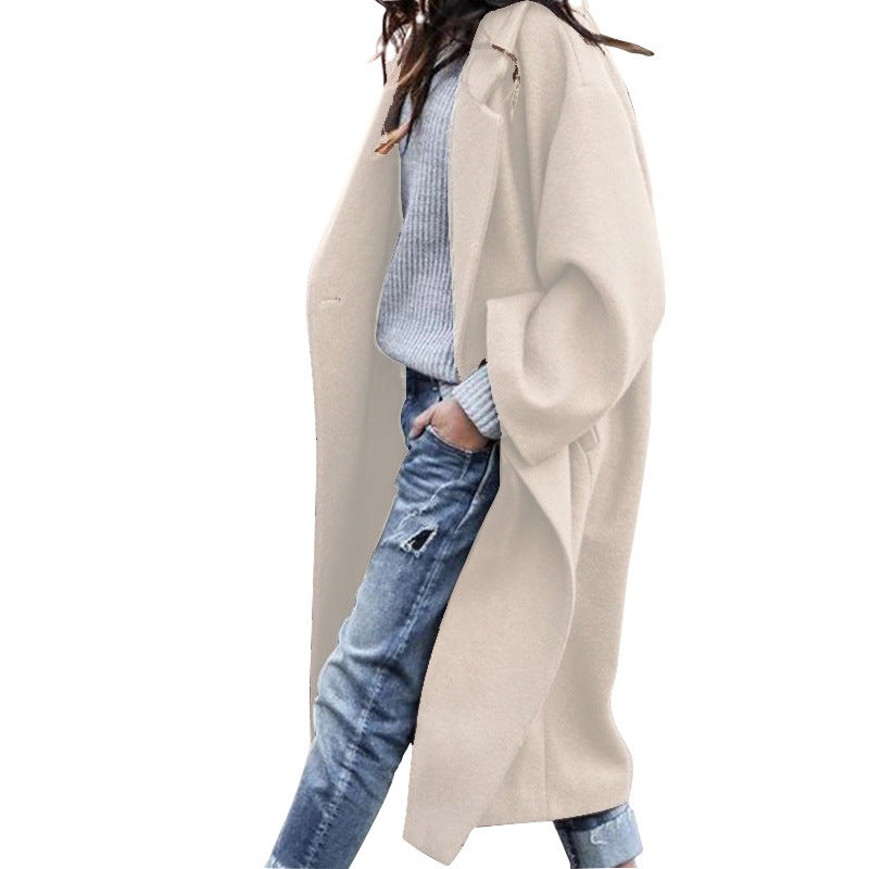 Women’s Casual Long Woolen Jacket With Pockets Solid Color Single Breasted Lapel Winter Coat