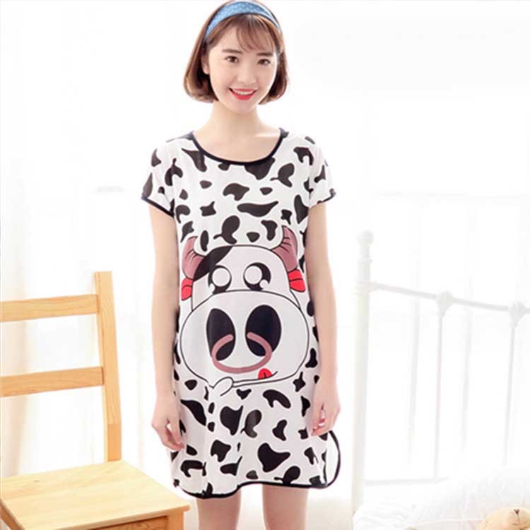 Women's Cartoon Milk Silk Short Sleeve Nightdress One-Piece
