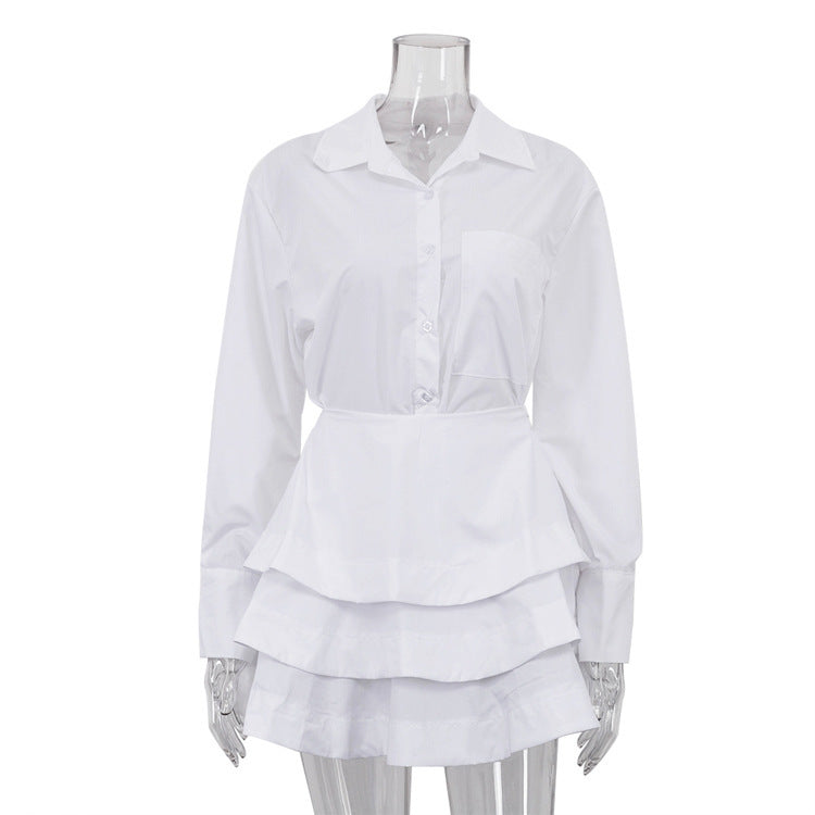 White Lapel Long Sleeve Shirt & High Waist Tiered Dress Suit