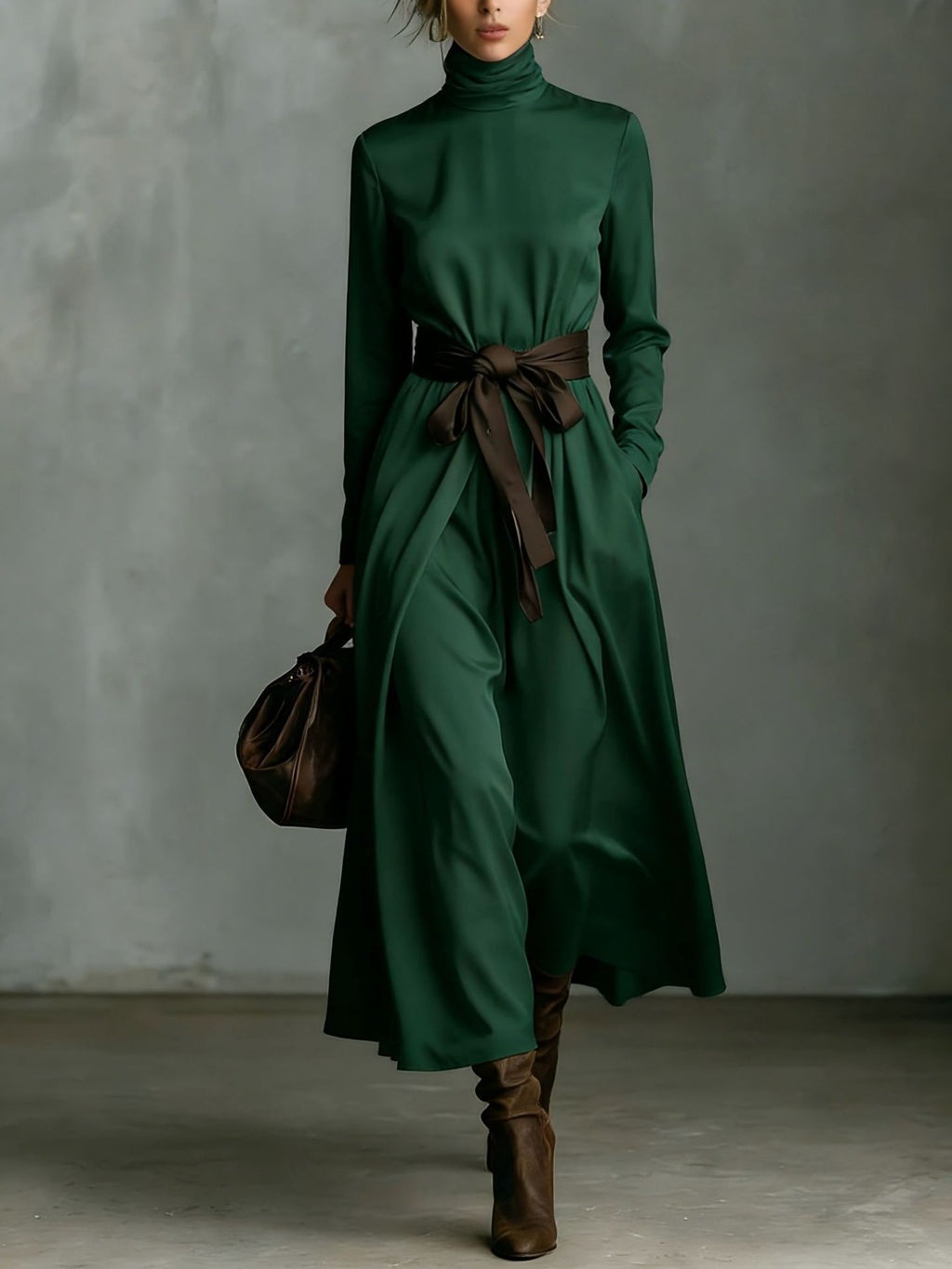 Élégante robe mi-longue à manches longues avec ceinture contrastante