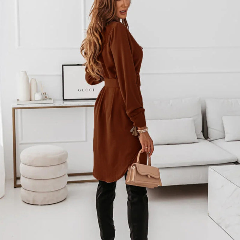 Elegant Long-Sleeve Polyester Shirt Dress with Belt and Buttons for Women