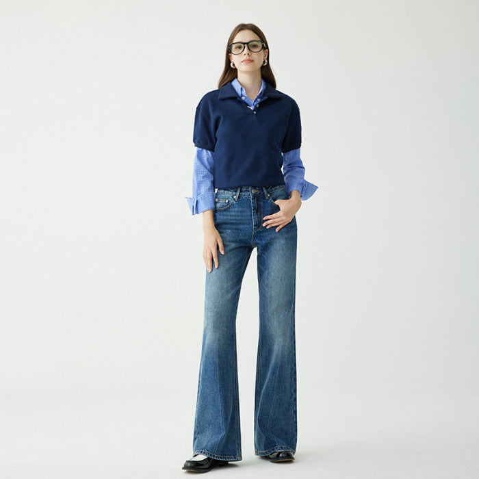 Women's Autumn High Waist Dark Gray-Blue Stretch Straight Jeans