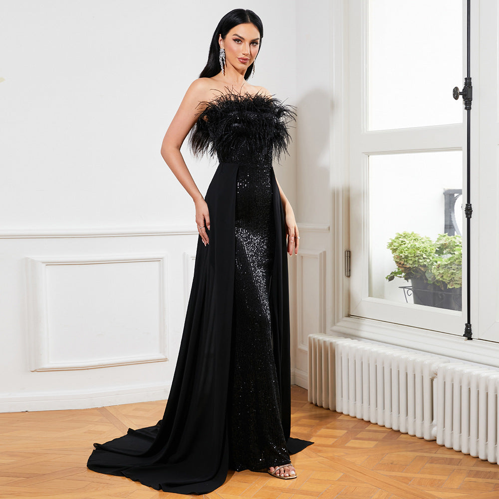 European & American Temperament Long Black Sequined Sleeveless Backless Evening Dress