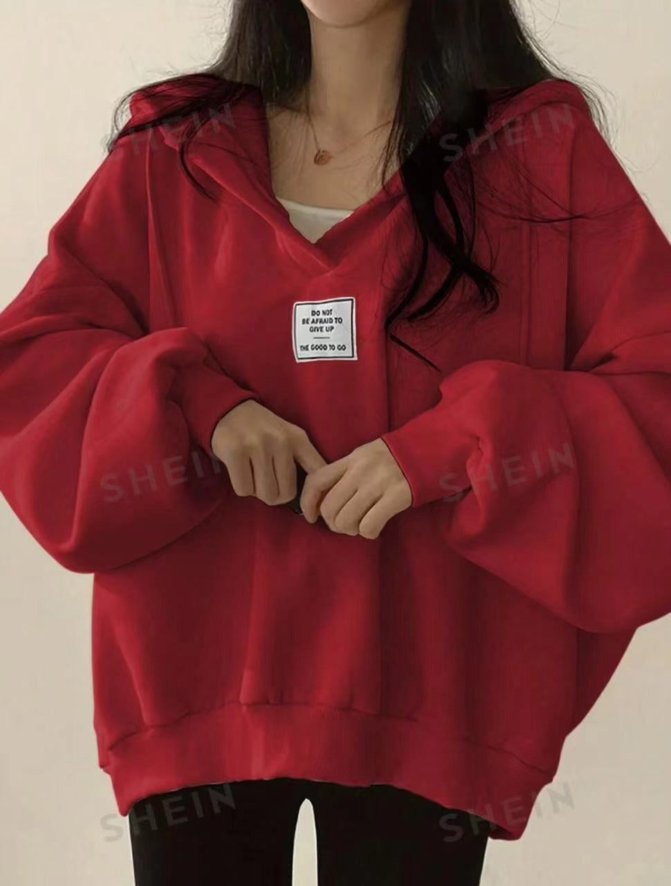 Womens Loose-Fit Hooded V-Neck Sweatshirt with Lace-Up Detail