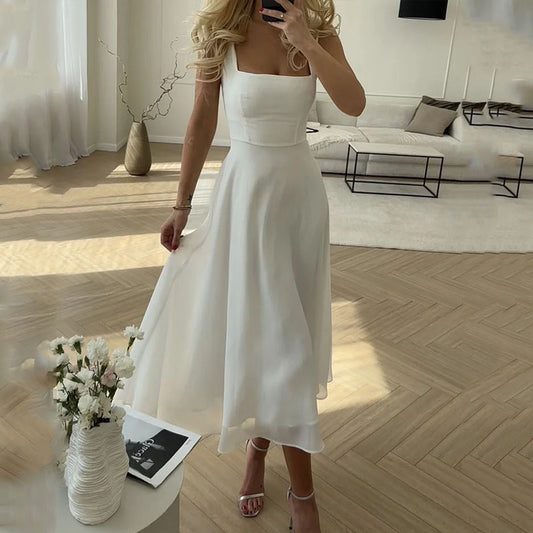 European And American Women's Clothing - Summer Fashion Elegant Sleeveless Sling Solid Color Dress