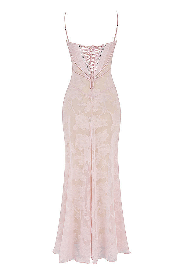 Robe Longue de Soirée Sexy en Dentelle Florale à Lacets et Bretelles pour Femme, Été, Coupe Ajustée