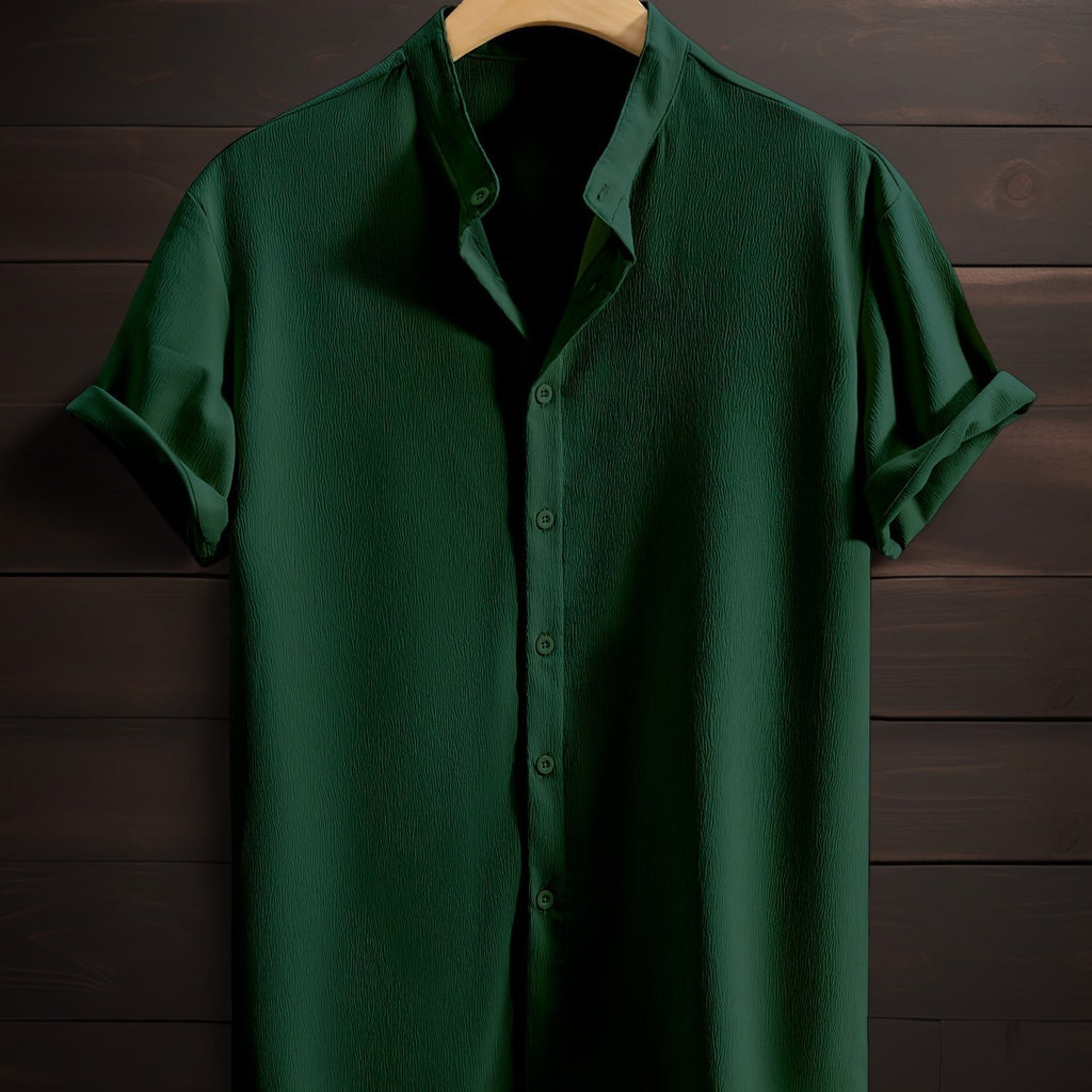 Men's Casual Breathable Polyester Short Sleeve Stand Collar Shirt
