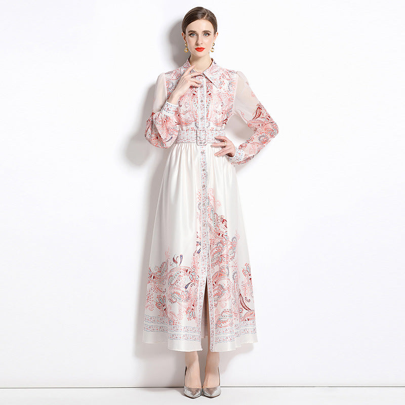 Retro Printed Cardigan Single-breasted Dress