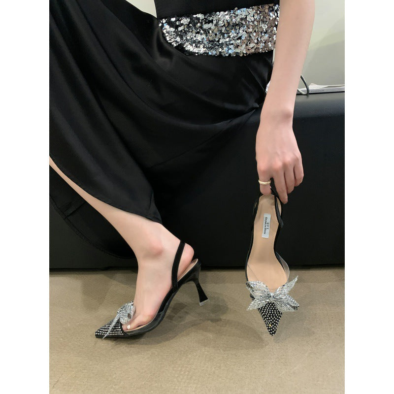 Pointed Toe Satin Bow Stiletto High Heels in Silver & Black