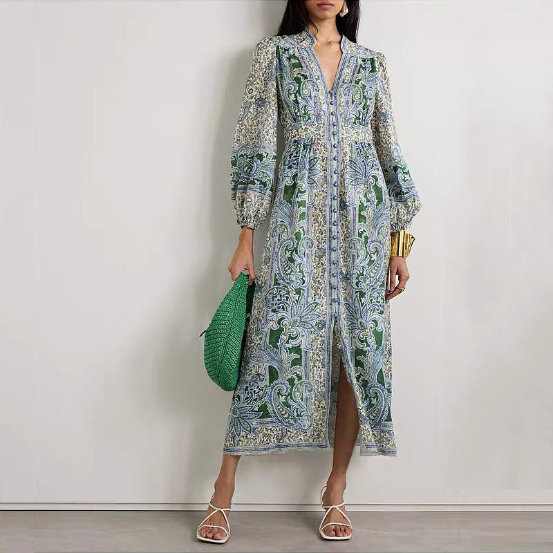 Robe longue boutonnée à motif géométrique rétro verte
