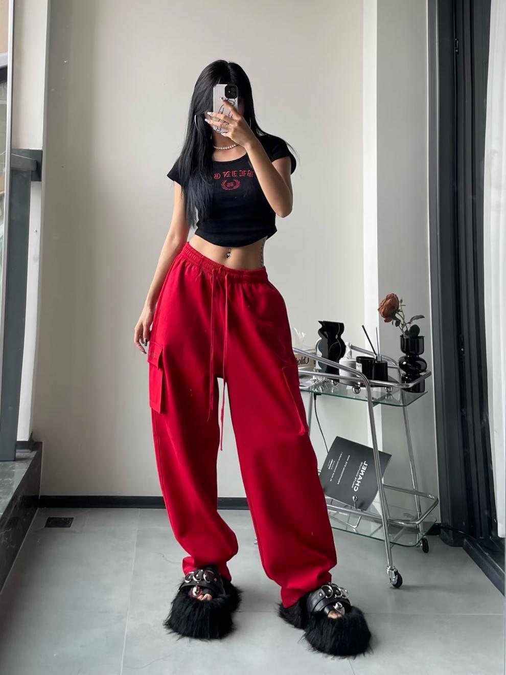 Women's Red High Waist Wide-Leg Pants with Pockets S-2XL