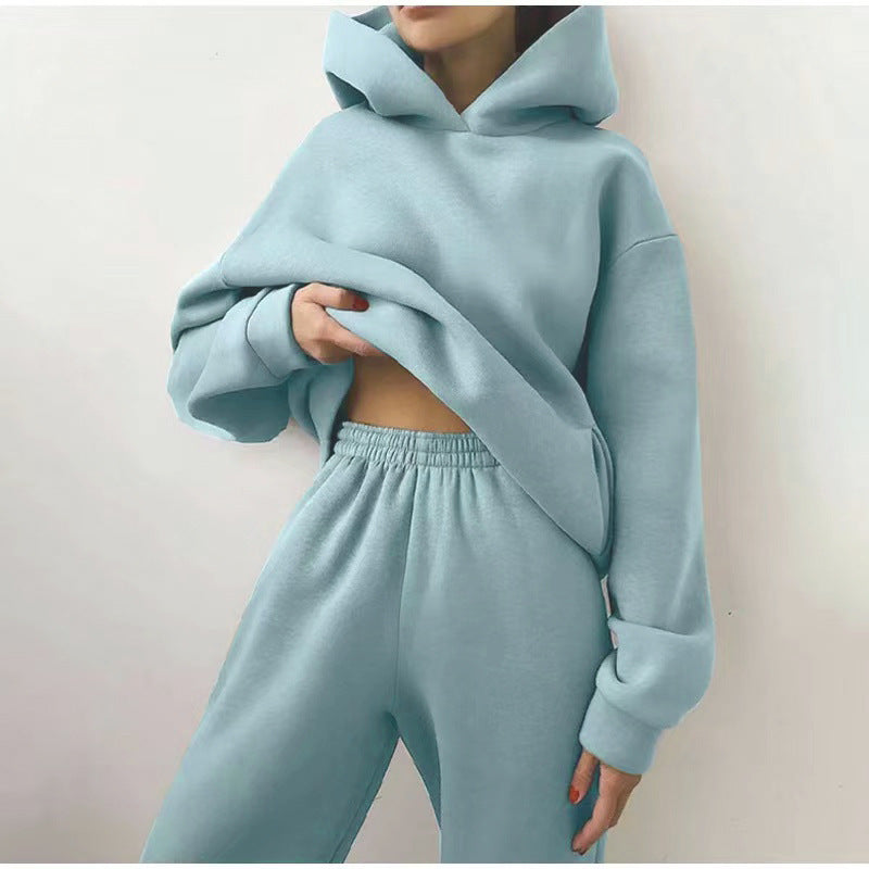 Solid Color Hooded Casual Suit in Black, White, Blue & Brown, Polyester, S-XL