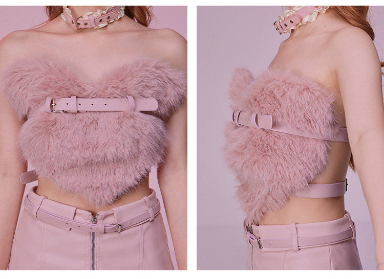 Heart Hair Bra and Leather Skirt Set for Autumn Winter