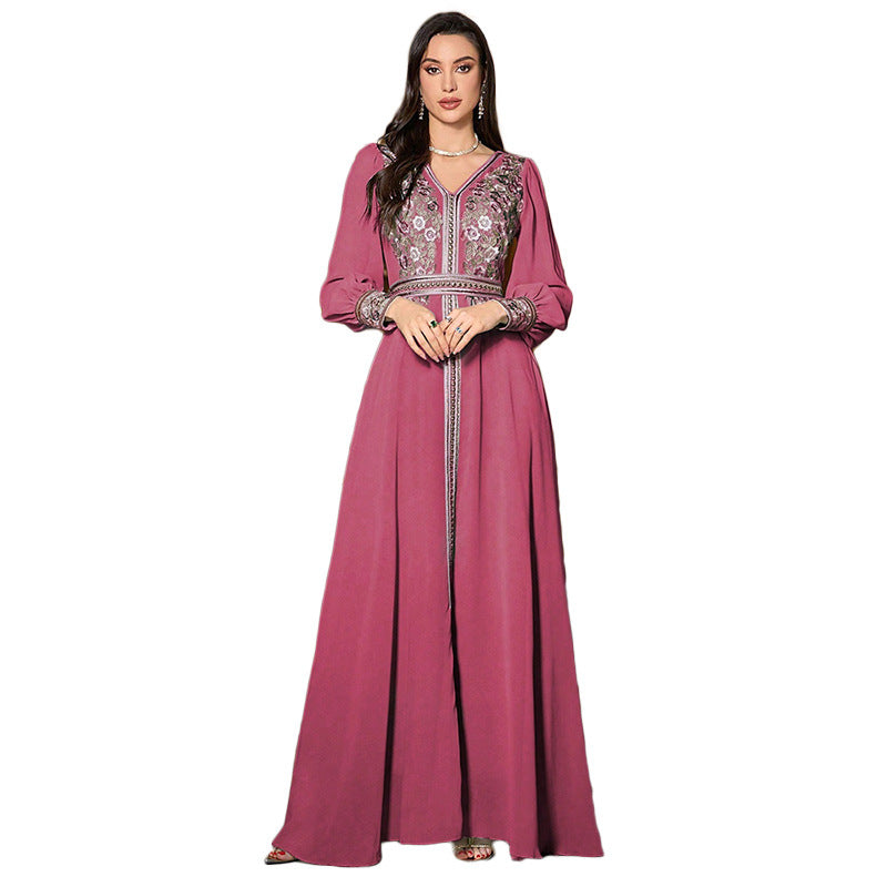Arabian Muslim Rose Red Embroidered Chiffon Dress Long Sleeve A-Line