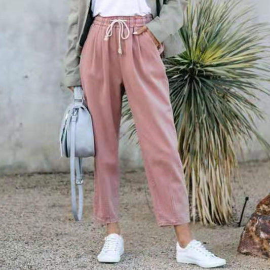 Pure Color Casual Elasticated High-waist Straight-leg Trousers