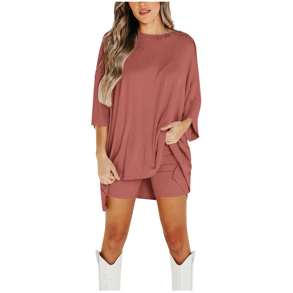Ensemble short d'été pour femme, T-shirt ample à manches chauve-souris et pantalon slim