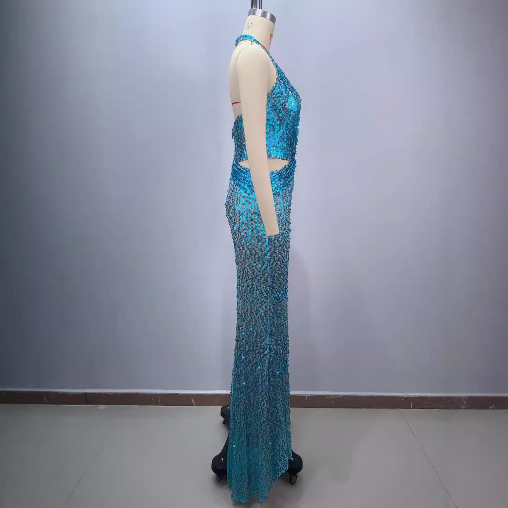 Sky Blue Halter Deep V-Neck Slimming Sequin Evening Dress S-L