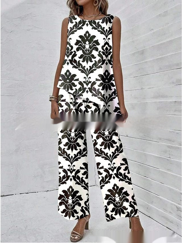 Women's Sleeveless Round Neck Top & Printed Pants Set Spring Summer