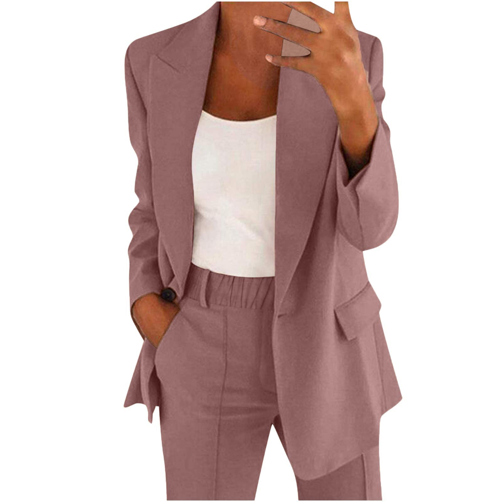 Slim Lapel Cardigan Suit Set with Button Detail