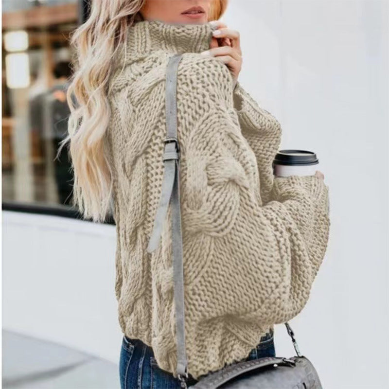 Pull décontracté à col roulé et manches longues pour femme