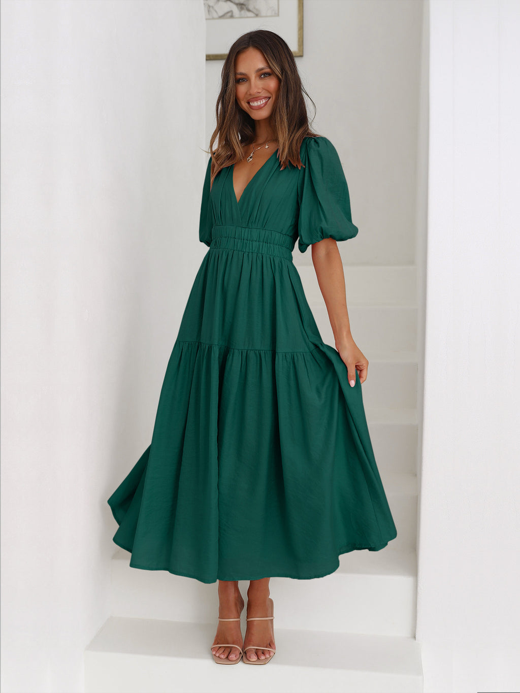 Deep V Puff Sleeve High Waist Flounced Dress for Women