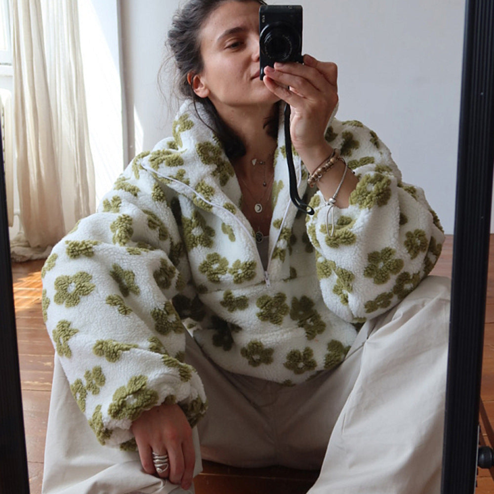Sweat-shirt pull en agneau avec fermeture éclair et grande poche motif fleurs d'hiver