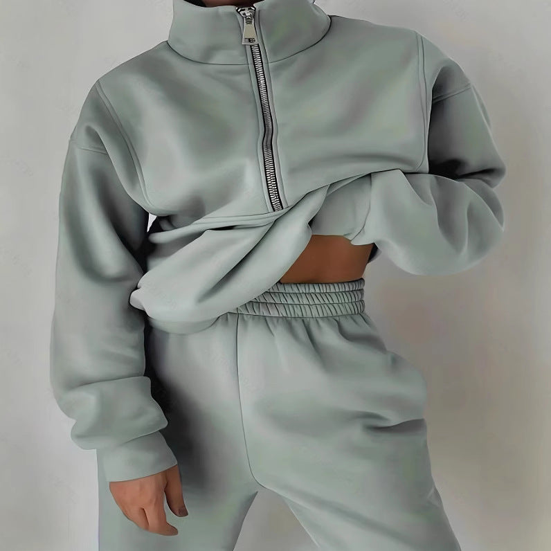 Women's Zipper Fleece Sweater and Pants Set - Casual Sportswear