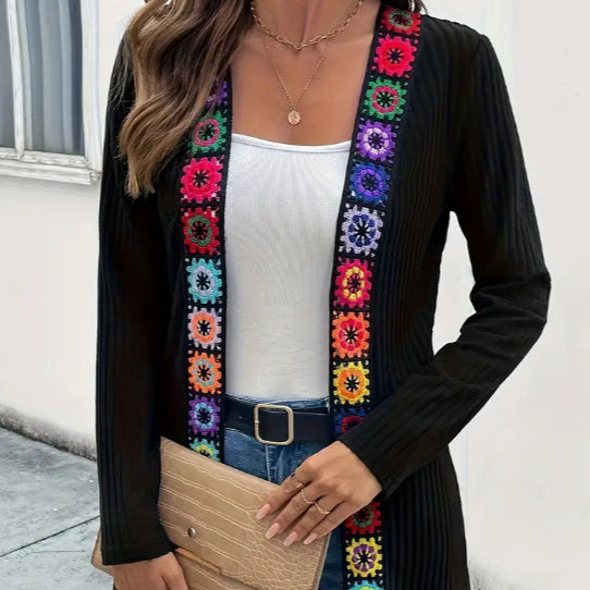 Ethnic Patchwork Black Polyester Cardigan Jacket Long Sleeve