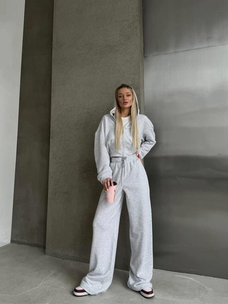 Ensemble deux pièces pull à capuche zippé à manches longues et pantalon à lacets uni